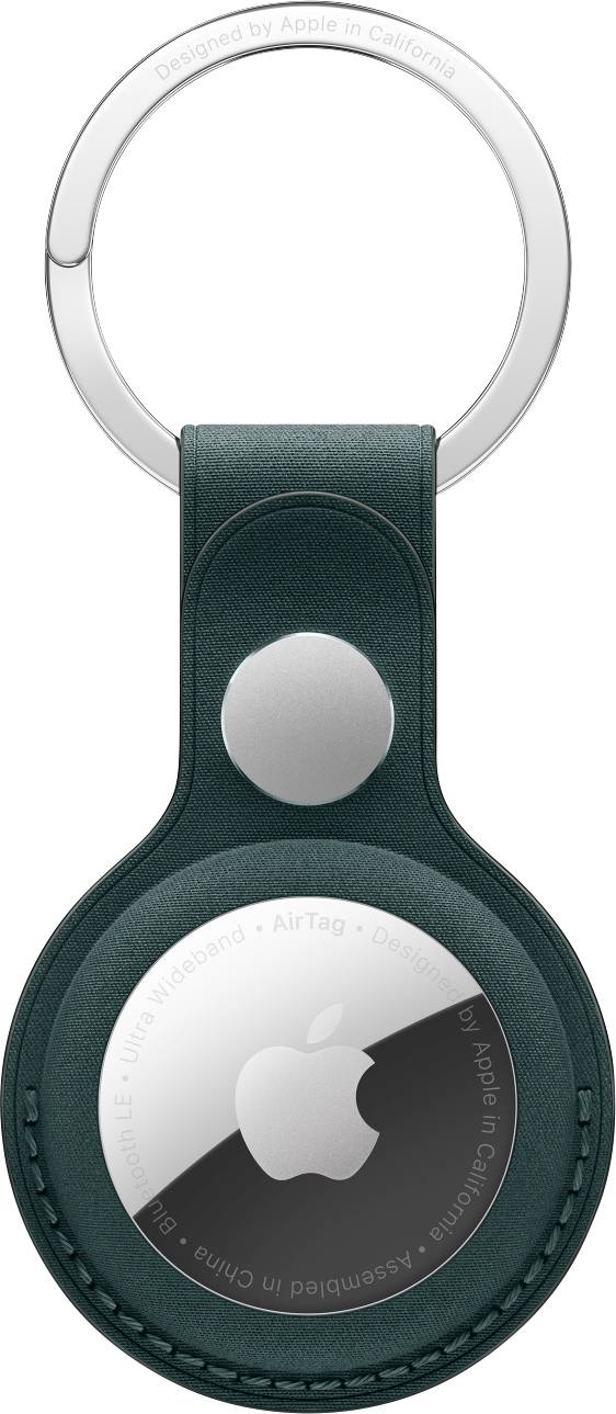 A round pendant with an Apple logo, attached to a keyring. The outer edge bears the inscription 'Designed by Apple in California'.