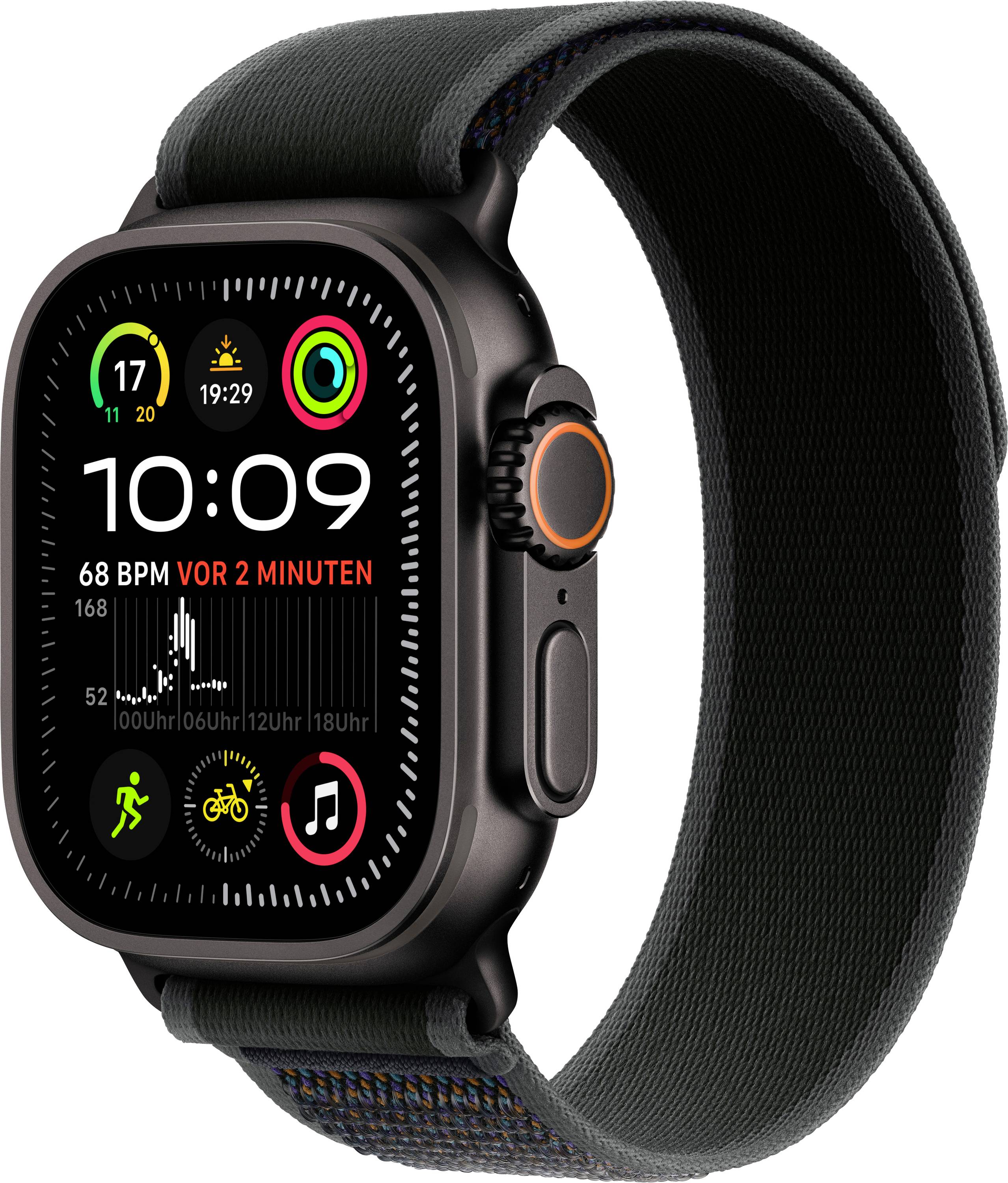 A black smartwatch displaying fitness activities, with a heart rate of 68 BPM, time showing 10:09, and icons for music and activity types.