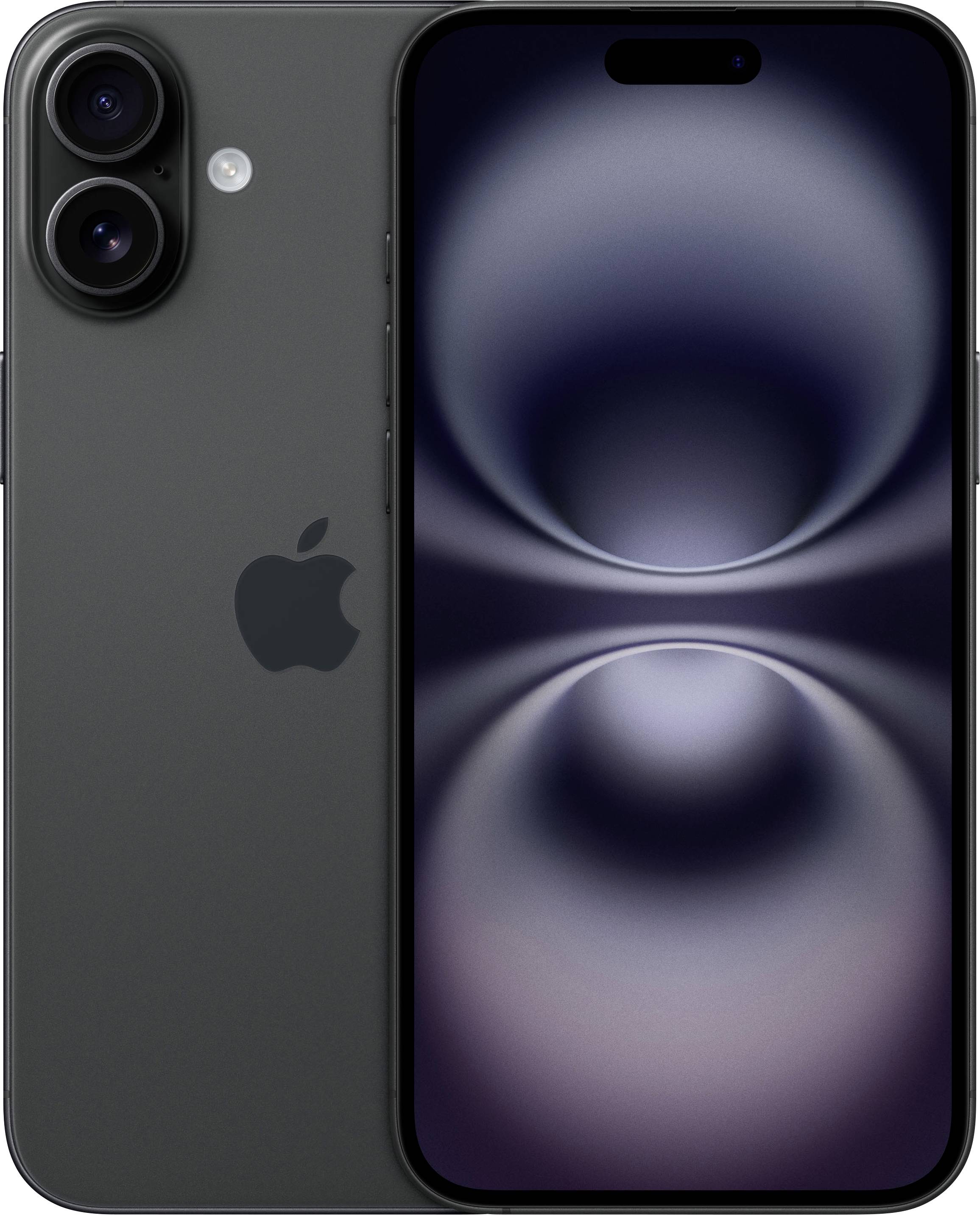 A black smartphone with dual cameras on the back and an illuminated display on the front.