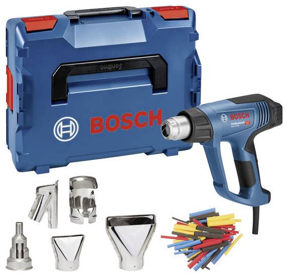 Hot air blower with blue housing and accessories including nozzle attachments and heat-shrink tubes, alongside a blue Bosch transport case.