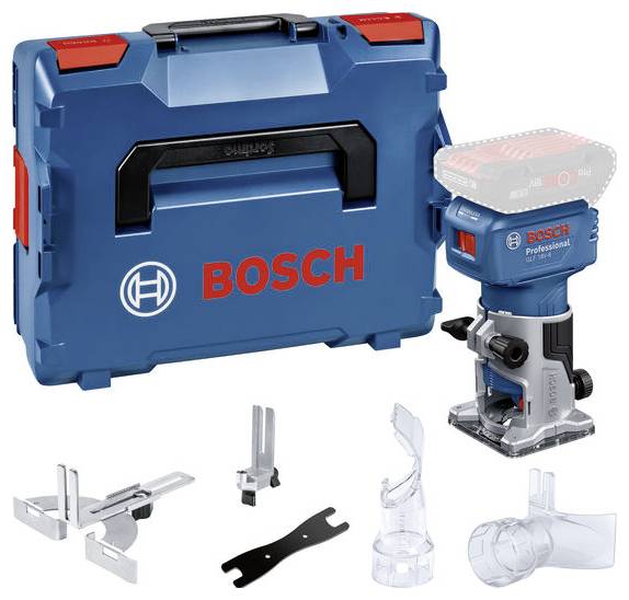 A Bosch cordless router set with blue case, router, dust cover and accessories, suitable for professional woodworking.