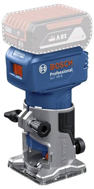Cordless Bosch Professional router tool with battery pack shown above it, front view on a white background.