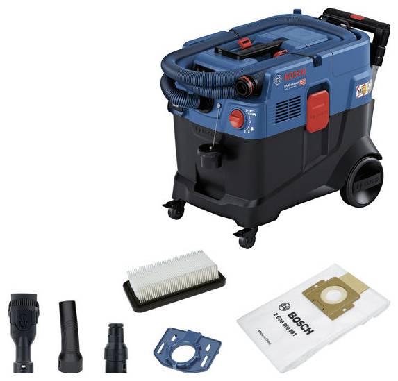 Industrial vacuum cleaner in blue with multiple accessories, including nozzles, filters, and bags. 'Bosch' brand name visible.