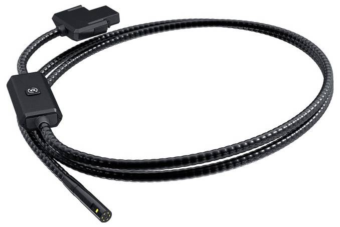 Flexible endoscope cable with camera and light at one end, robust housing, suitable for inspections in hard-to-reach areas.