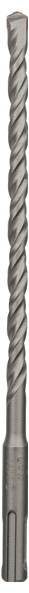View of a silver, spiral drill bit, suitable for use in concrete and masonry work.