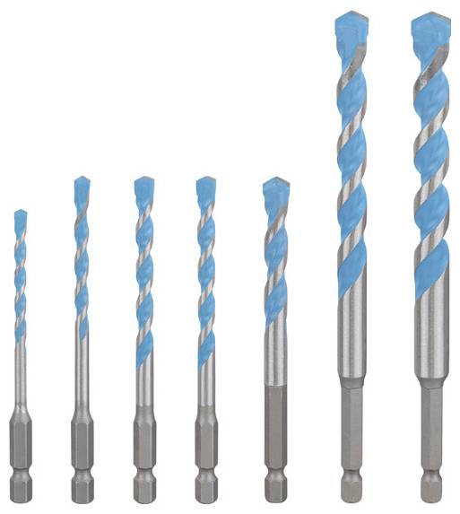 Seven drill bits in various sizes with a blue spiral design, evenly lined up side by side.