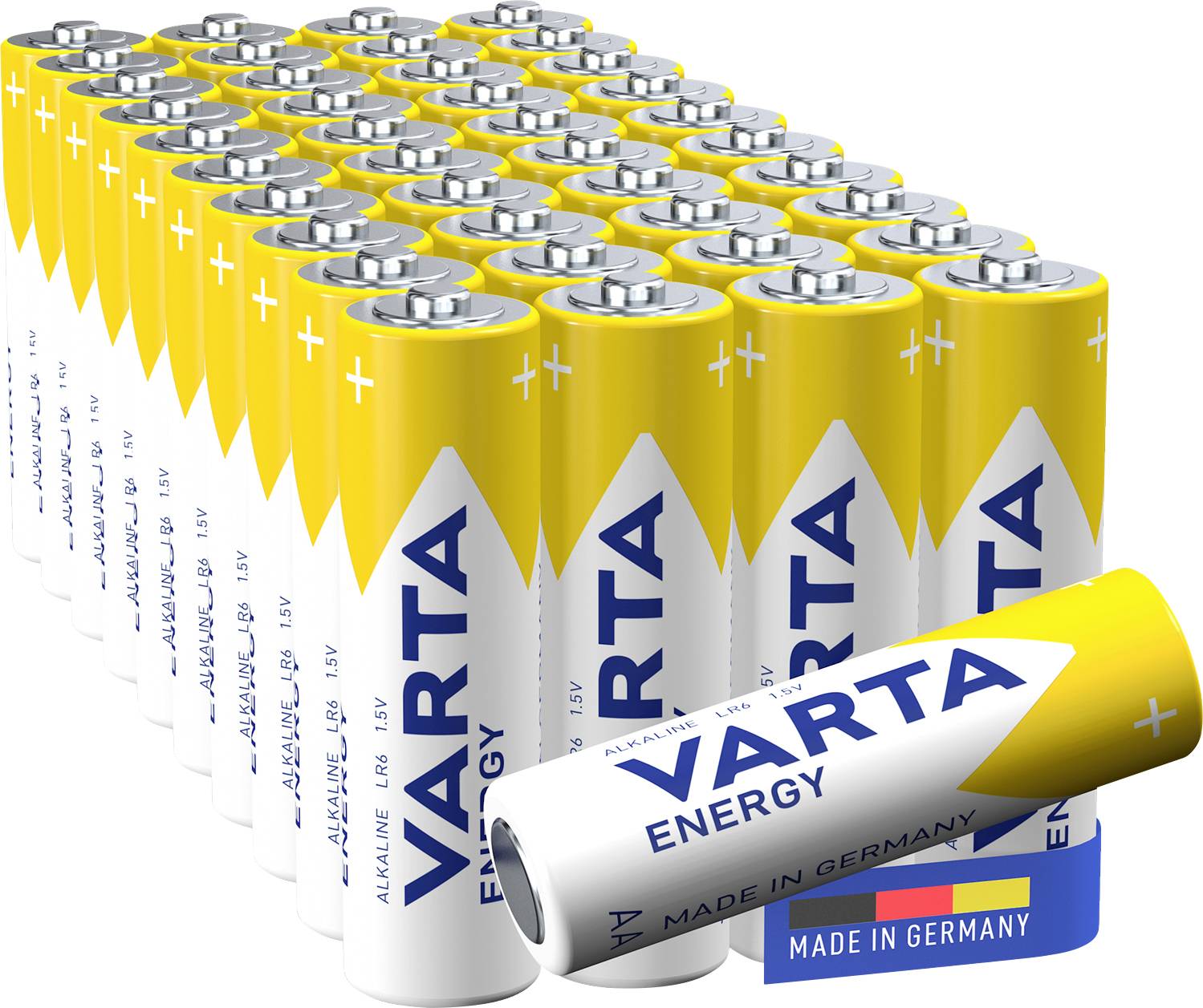 VARTA Energy alkaline batteries in yellow and white, lined up, with 'MADE IN GERMANY' inscription. 48 batteries are arranged in tight rows.