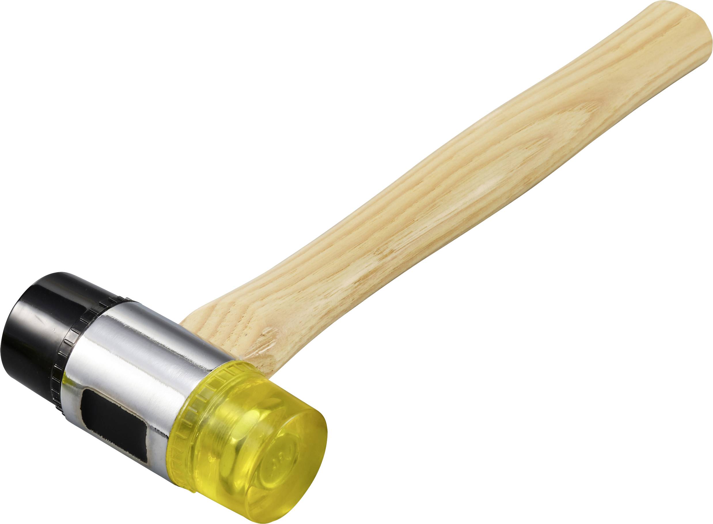 Rubber mallet with yellow and black head, wooden handle.