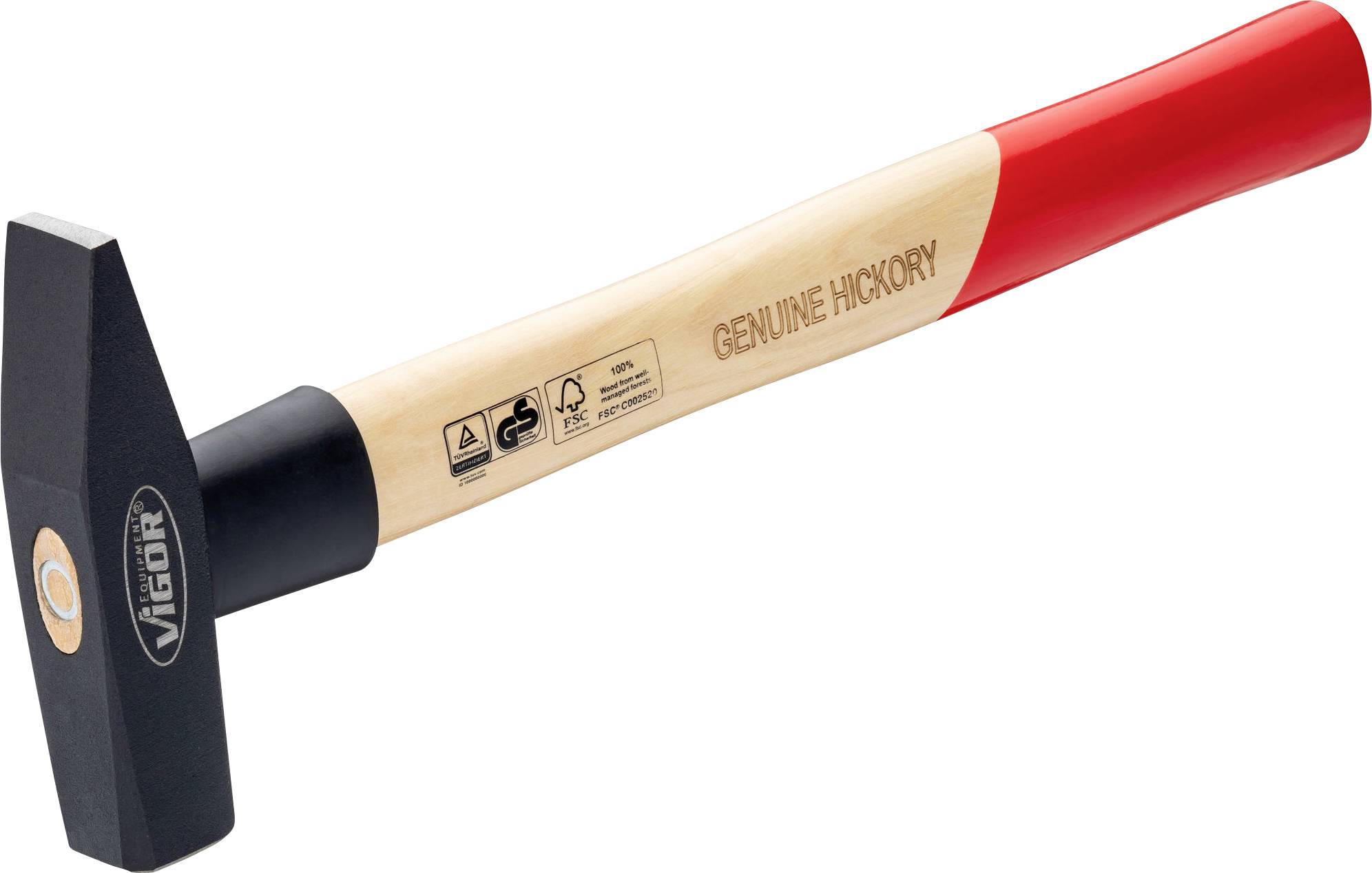 Wooden hammer with a red handle, marked with 'Genuine Hickory'.