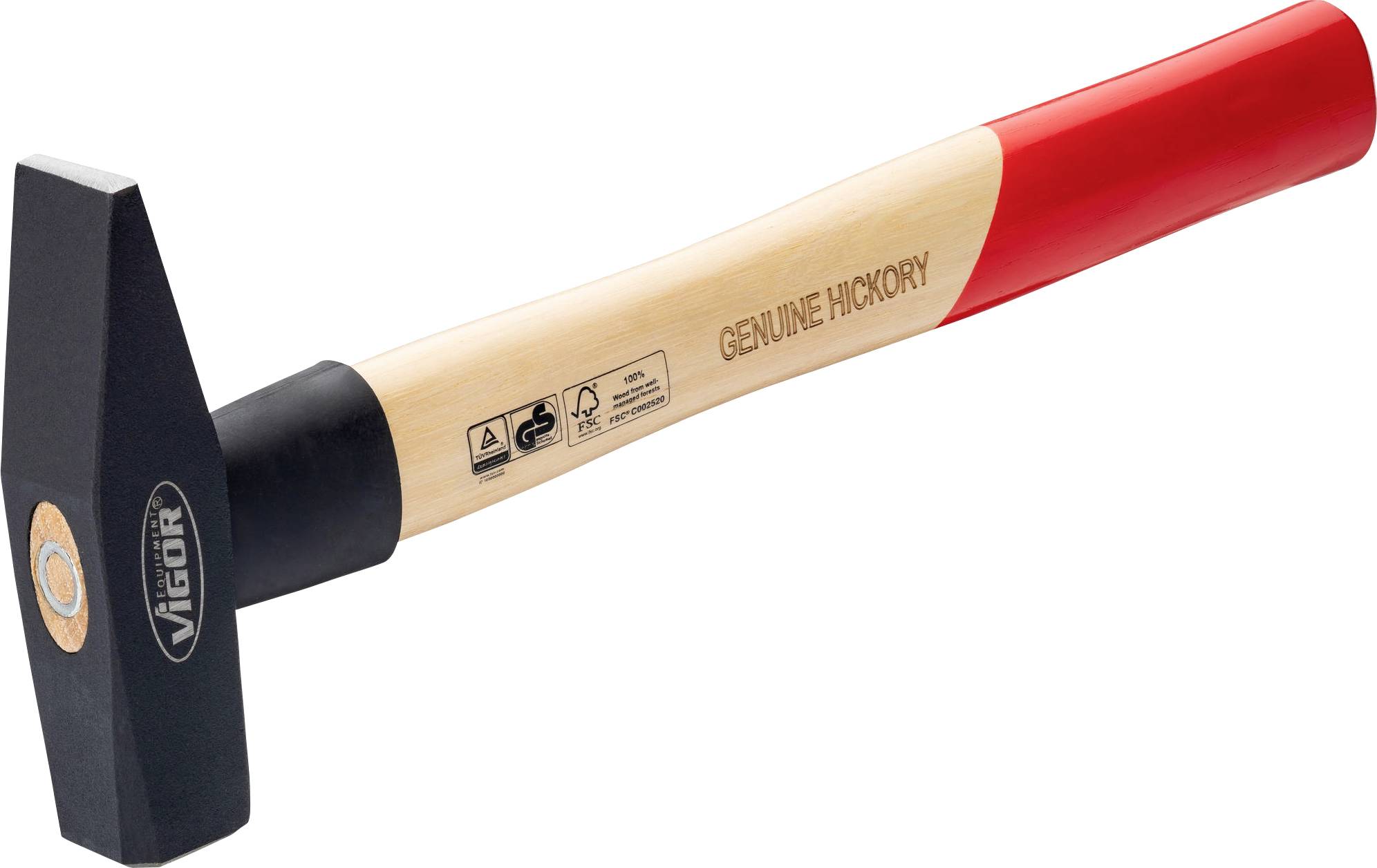A hammer with a wooden handle and red end. 'Genuine Hickory' is written on the handle, and safety information is depicted.