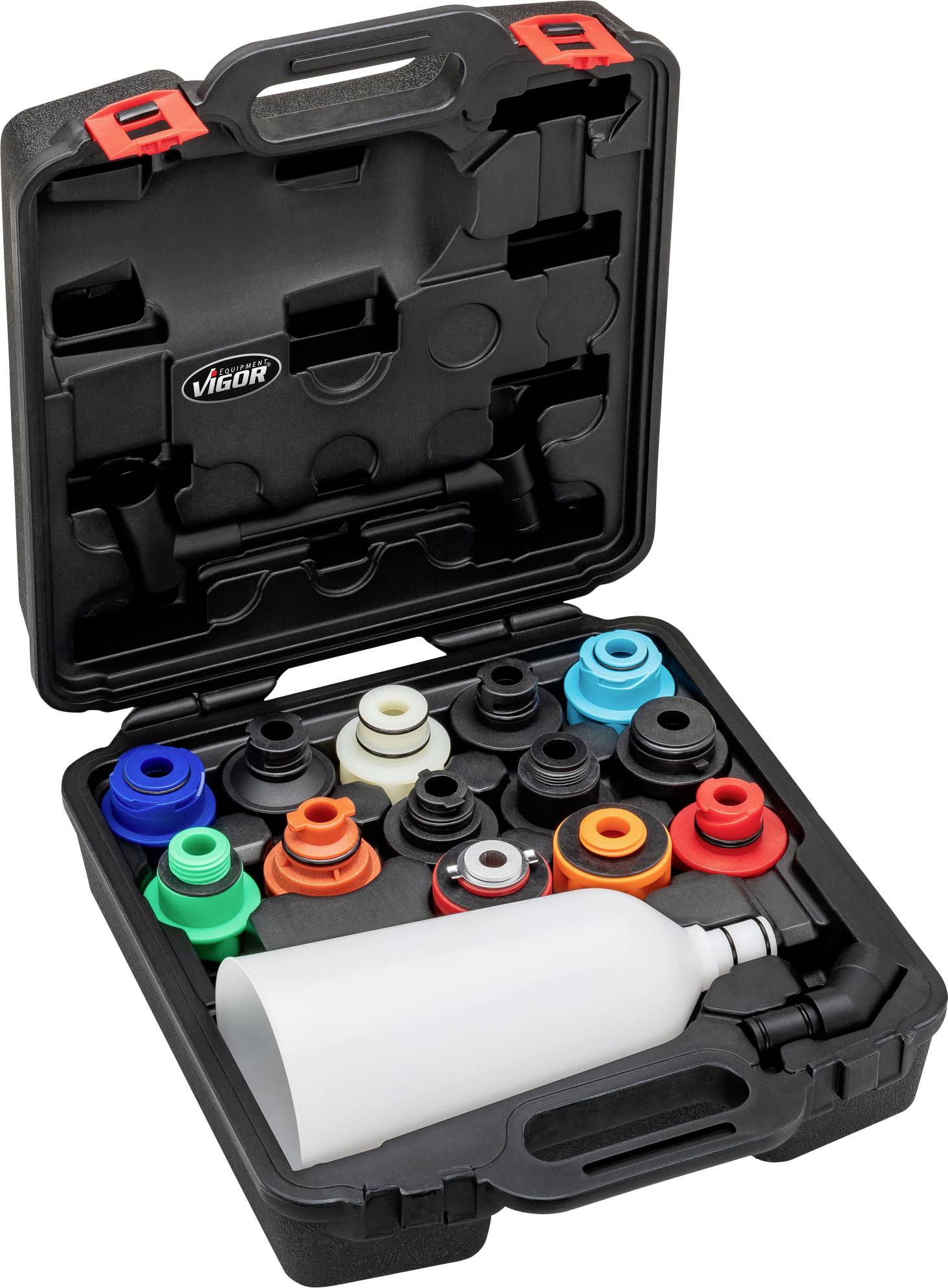 Open tool case with coloured plastic attachments and a white bottle, ideal for storing car care accessories.