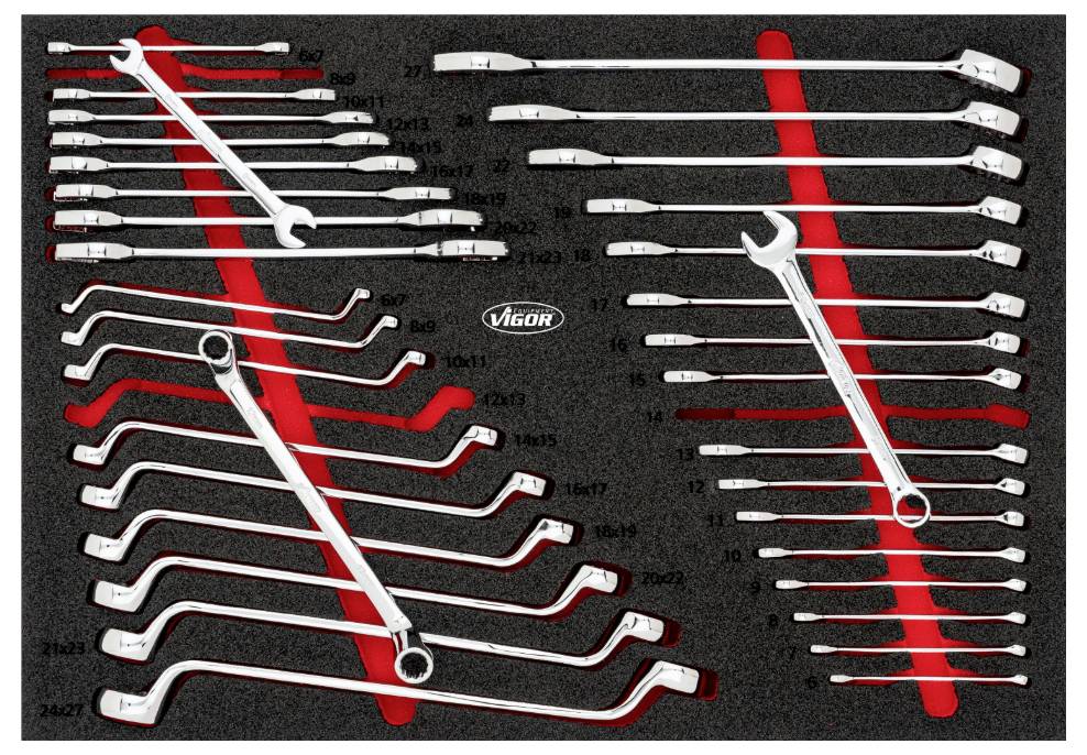 A set of various spanners and levers on a black background with red stripes, arranged in rows.