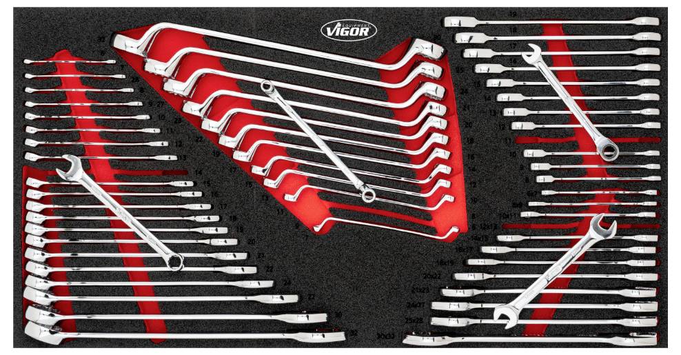 A set of VIGOR spanners and ring spanners in various sizes, neatly presented on a red and black foam base.