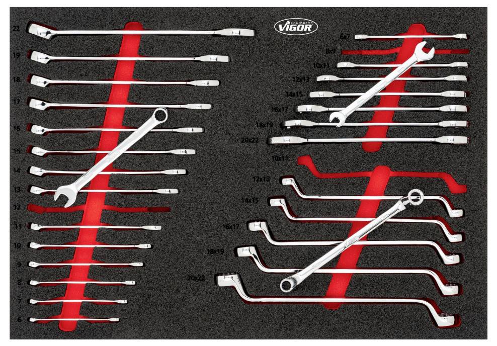 Toolbox with various spanners arranged in orderly rows. 'Vigor' brand logo at the top.