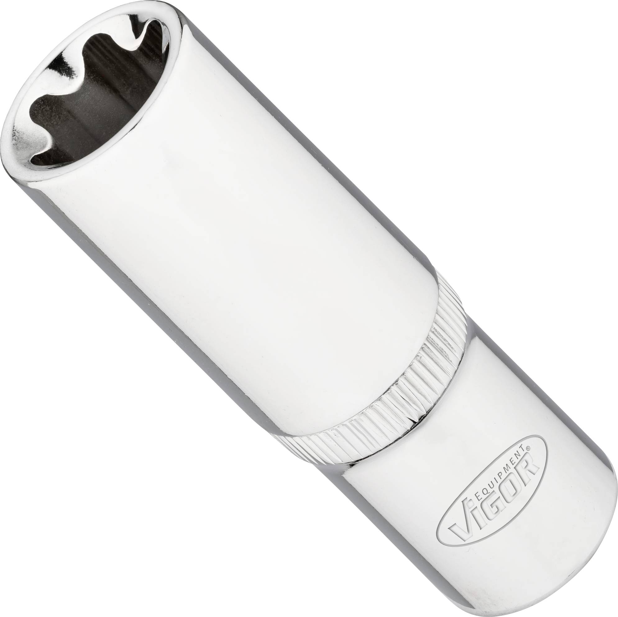 A silver Vigor socket wrench with a knurled grip area.
