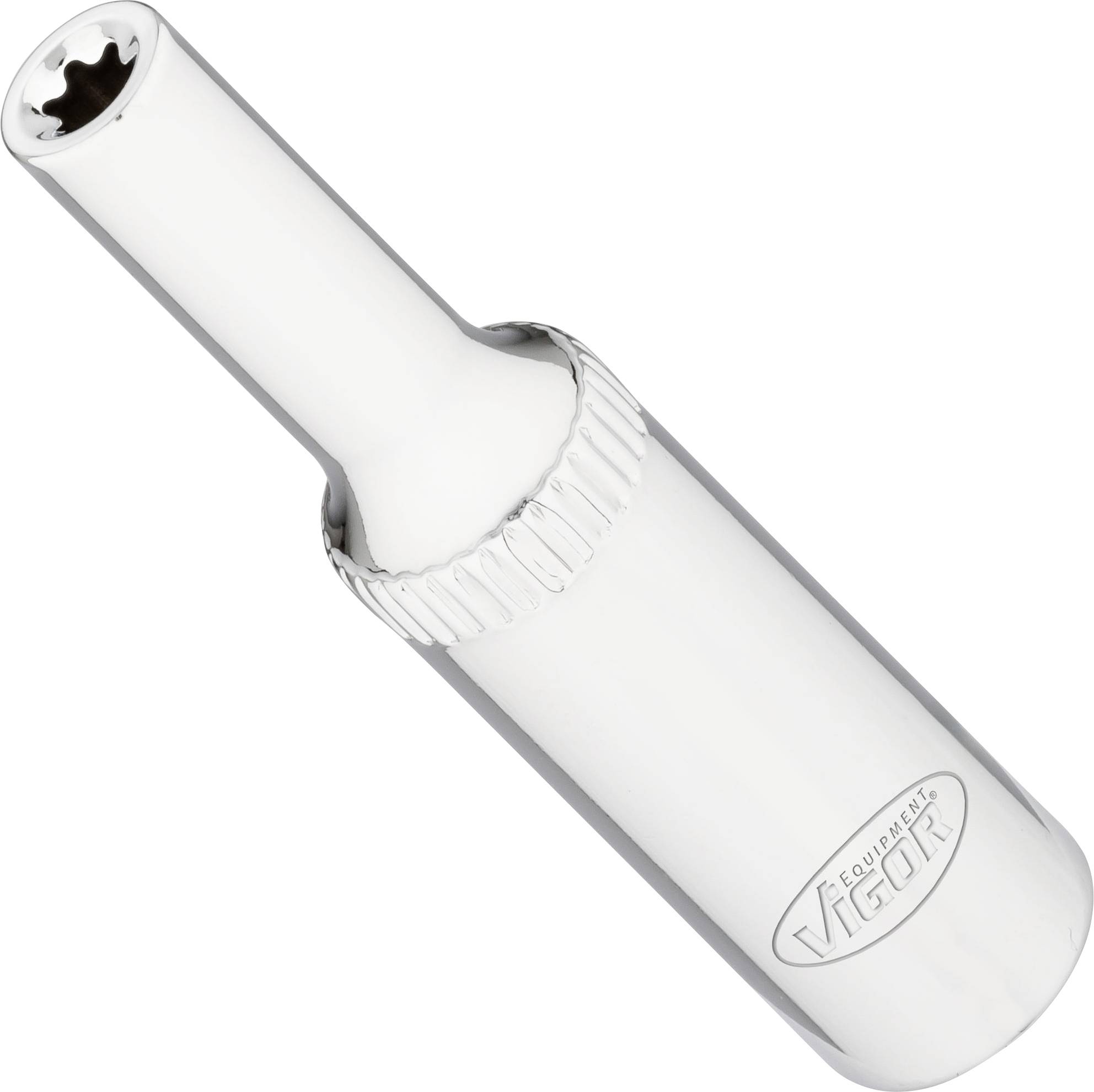 A silver spark plug socket with a knurled handle and engraved logo. Primarily used for vehicle maintenance tasks.