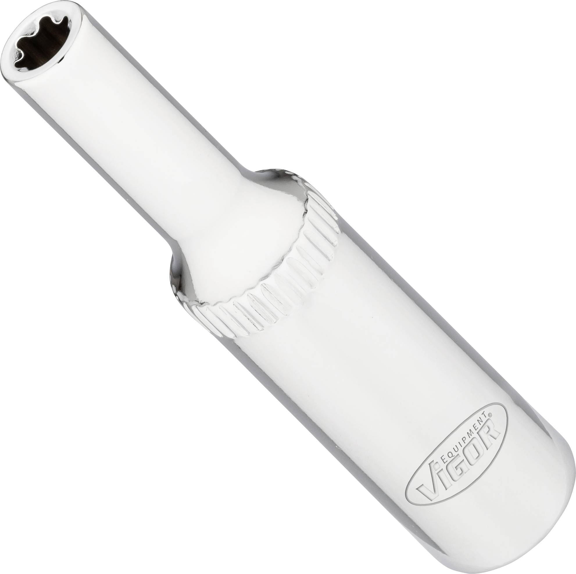 A six-point spark plug spanner by Vigor, silver-bright, with a knurled grip area for improved handling.