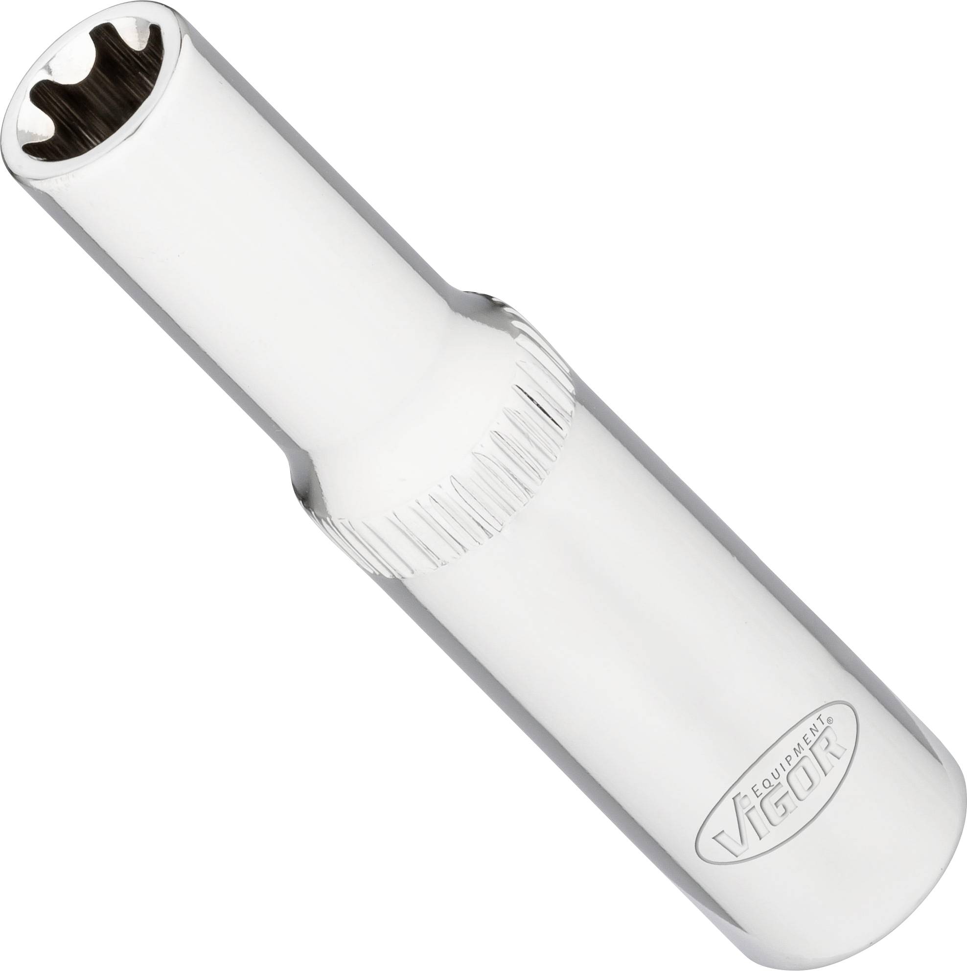 Silver socket extension with hexagonal internal space, suitable for assembling or disassembling bolts and screws. 'Vigor' marking visible.