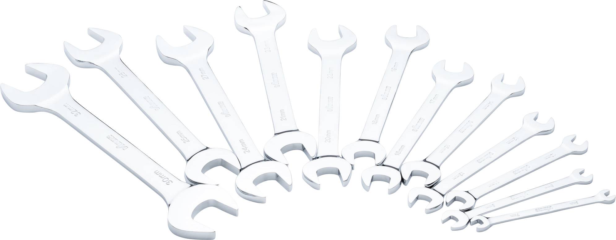 Thirteen white spanners arranged in ascending size from left to right.