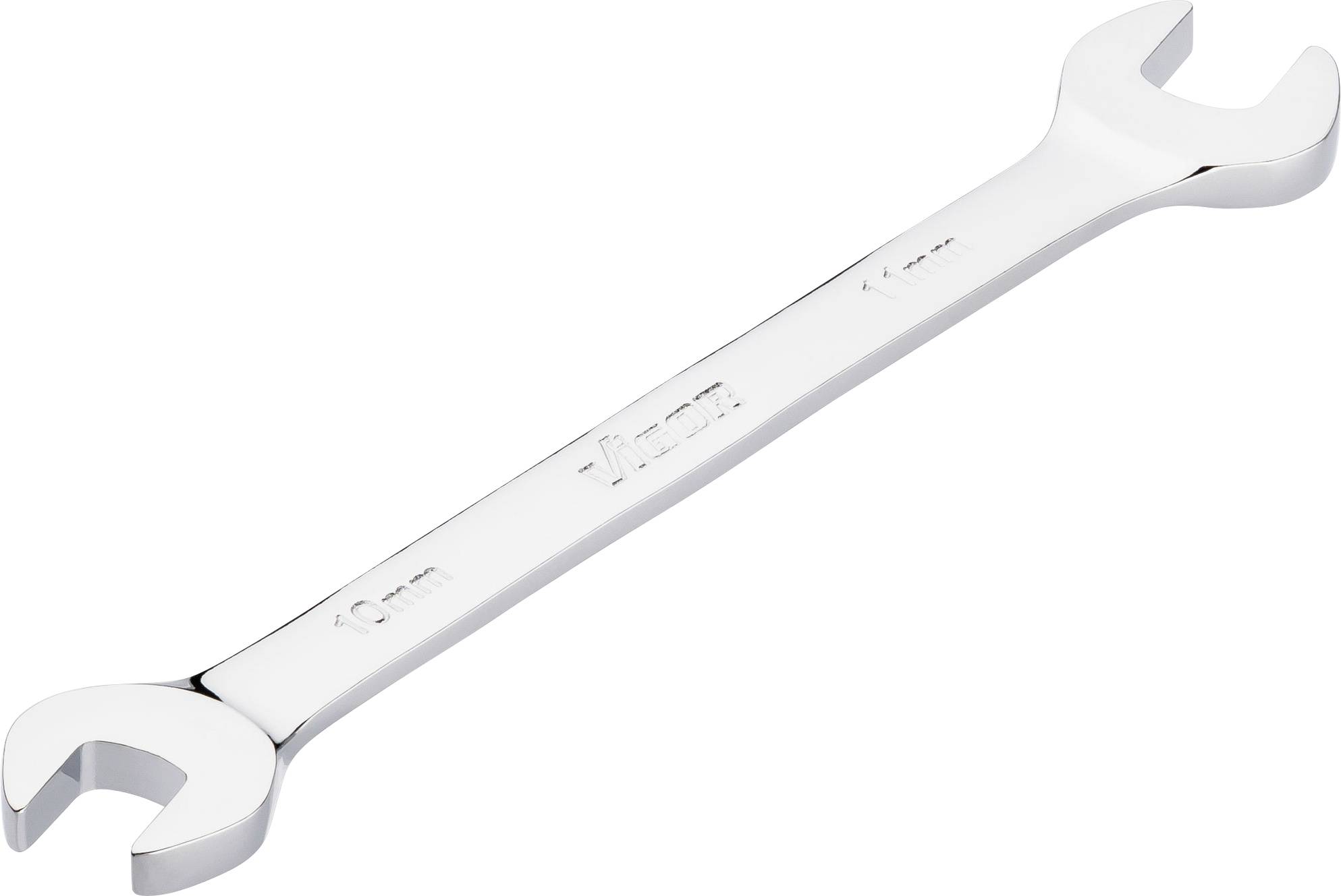 A chrome-plated double-ended spanner, 10 mm and 11 mm, with size markings stamped on the handle.