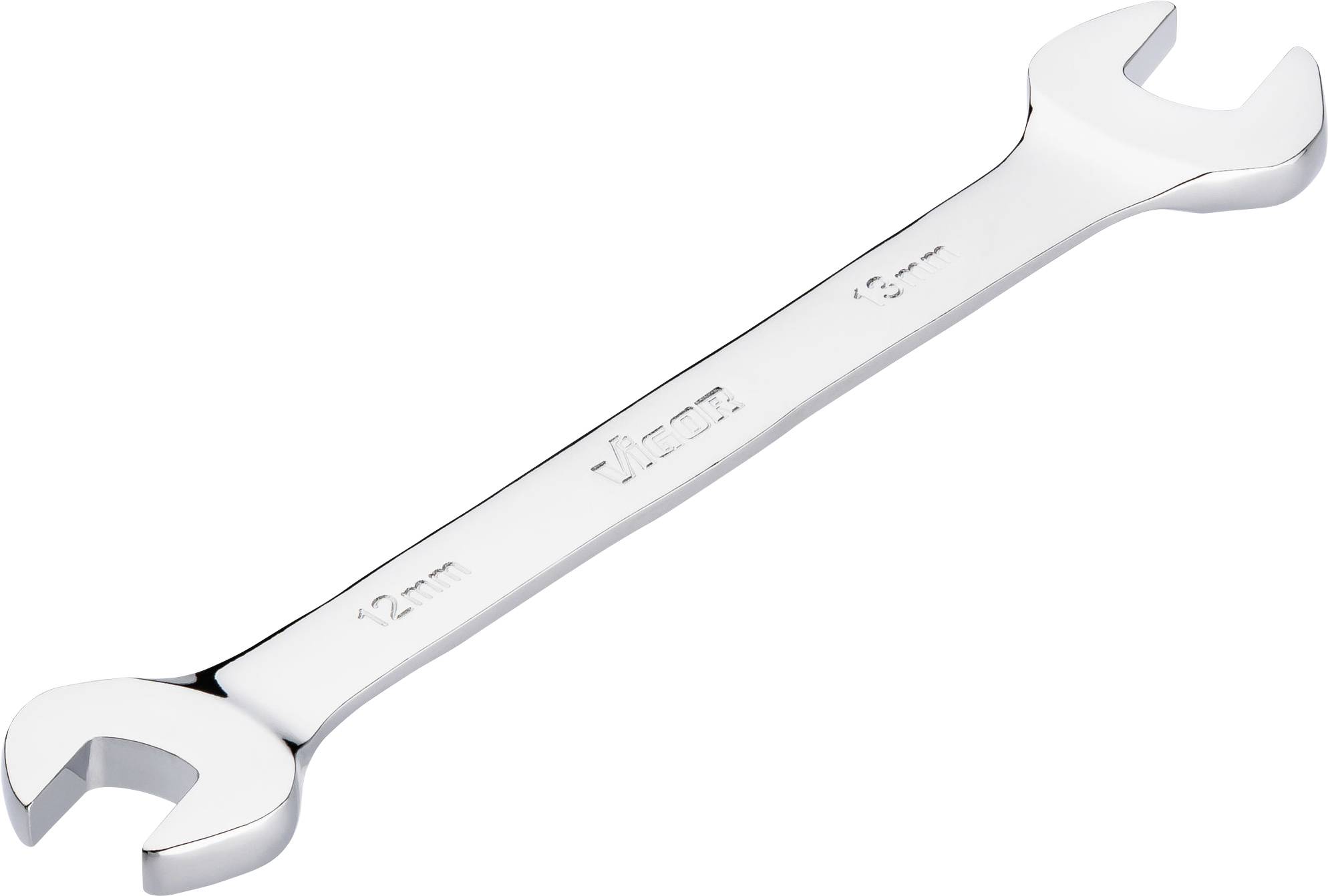 A silver double-ended spanner with '12 mm' and '13 mm' engraved on the ends.