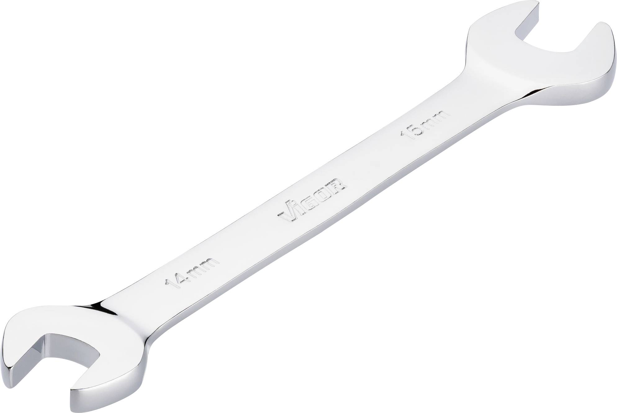 A silver spanner with two open-ended heads, with '14 mm' and '15 mm' stamped on them.