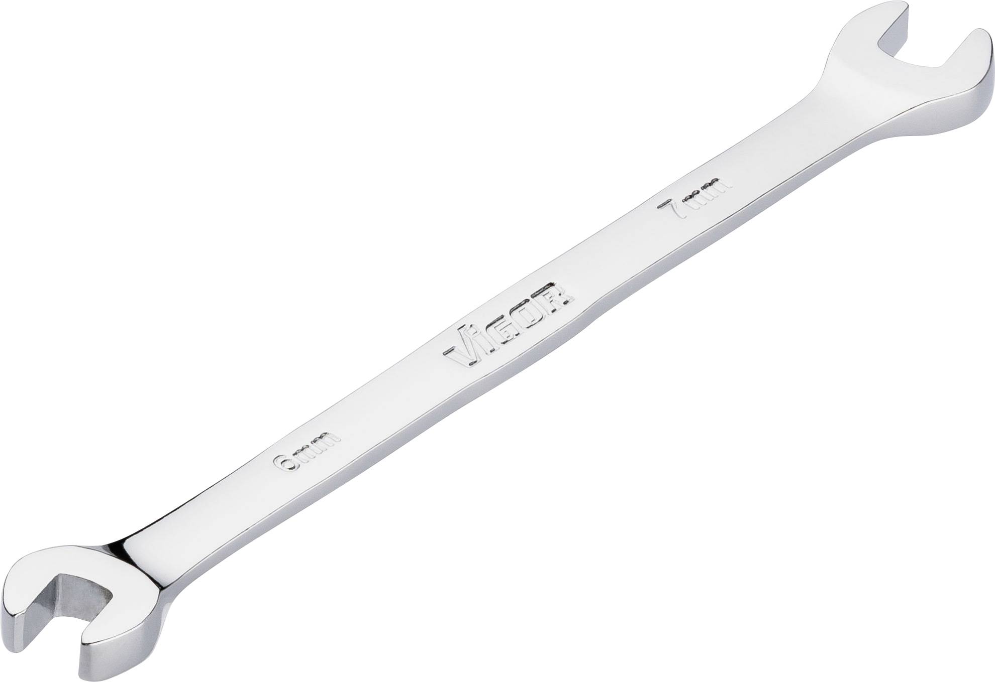 A silver double-ended spanner with two different jaw sizes, suitable for nuts or bolts of 6 mm and 7 mm.