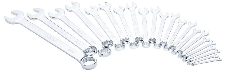 A row of sixteen open ring spanners, arranged from large to small, on a white surface.Note: In British English, 