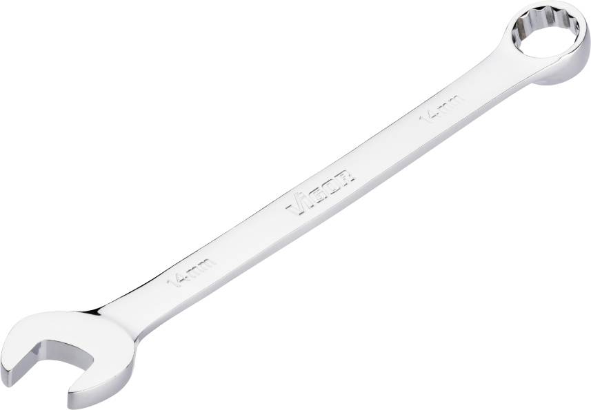 A silver spanner with open-end and ring-end, size 14 mm, rests on a white background.