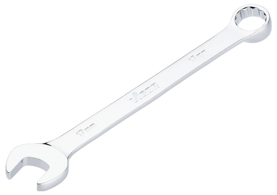 A chrome-plated spanner with an open end and a ring end, with '17 mm' stamped on it.