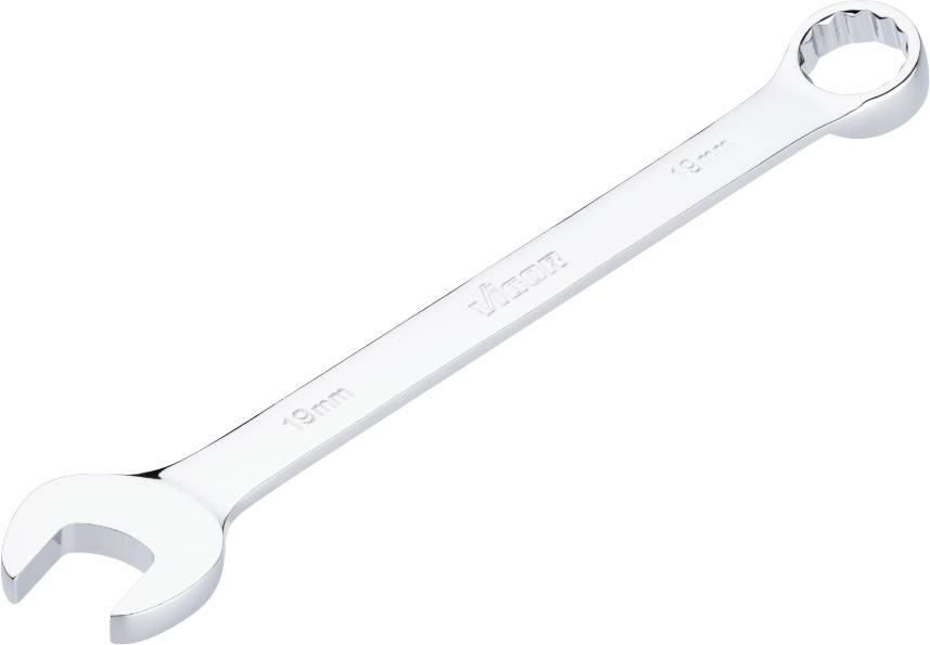 A silver spanner with an open and a closed end, suitable for 19 mm nuts and bolts.