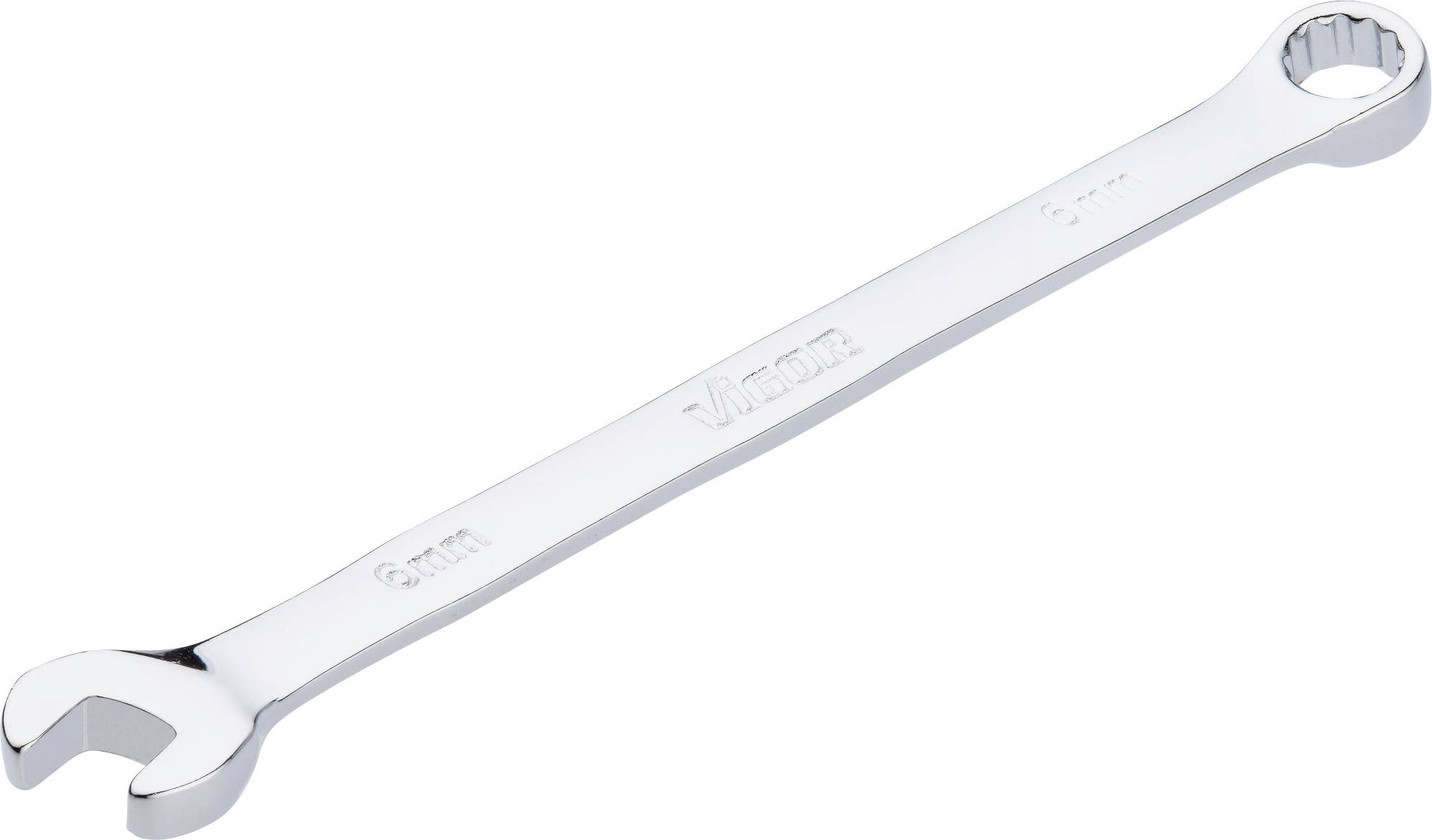 Spanner on a white background, made of metal, with an open-end and ring side, stamped with brand name and size markings.