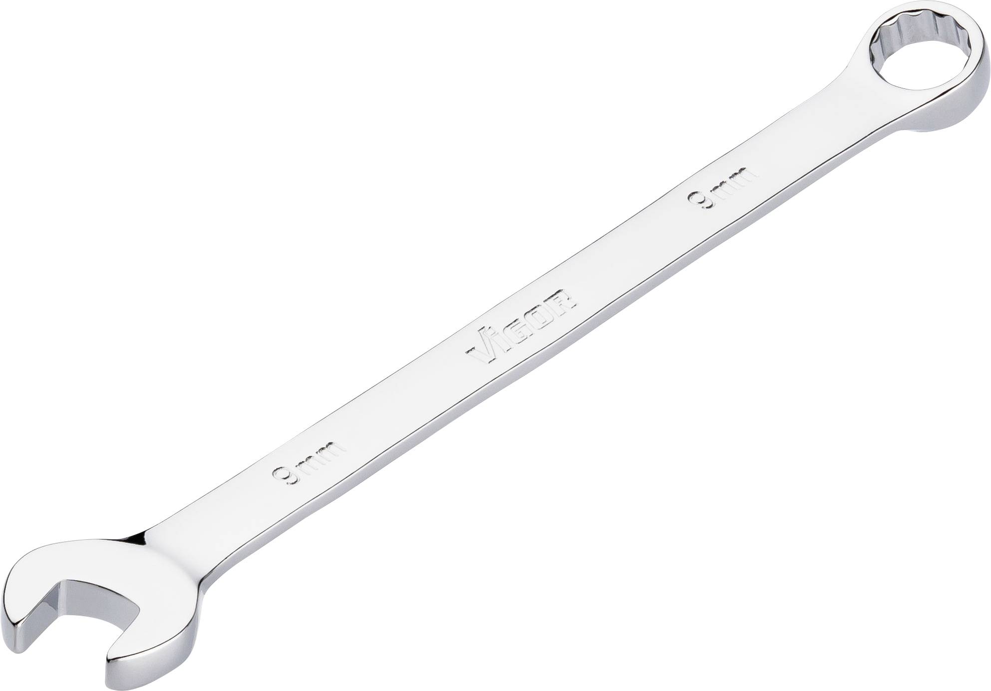 A silver combination spanner with a ring and open-end, suitable for screws or nuts of 8 mm size.