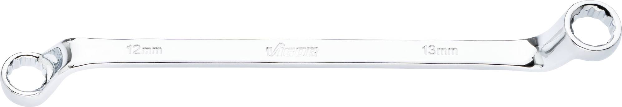 A chrome-vanadium ring spanner with two different ends: 12 mm on the left, 13 mm on the right, against a white background.