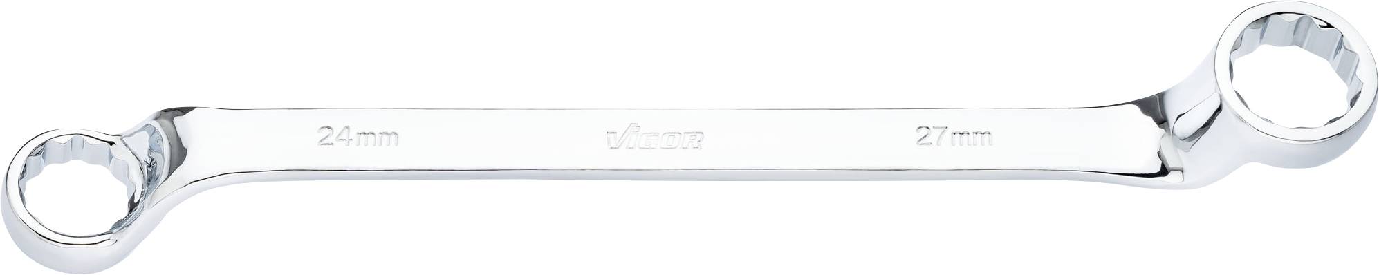 A chrome-plated double ring spanner with size markings of 24 mm and 27 mm, positioned horizontally. Primary tool for mechanical work.