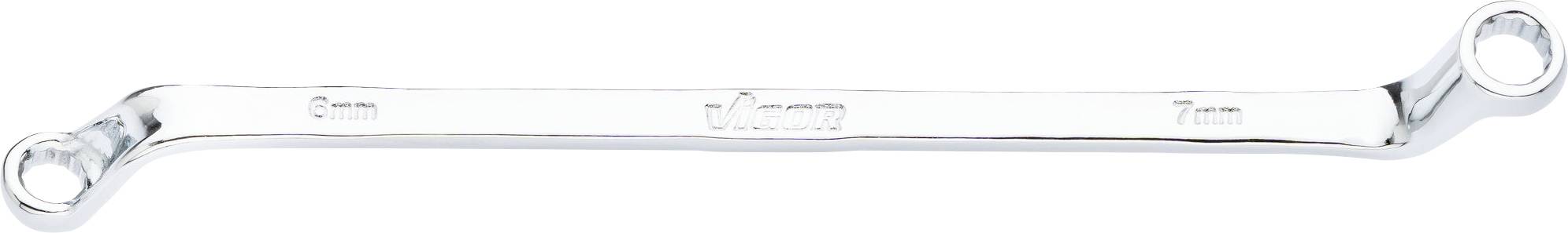 A silver mouse spanner with two open ends, each marked with dimensions 6mm and 7mm, on a white background.