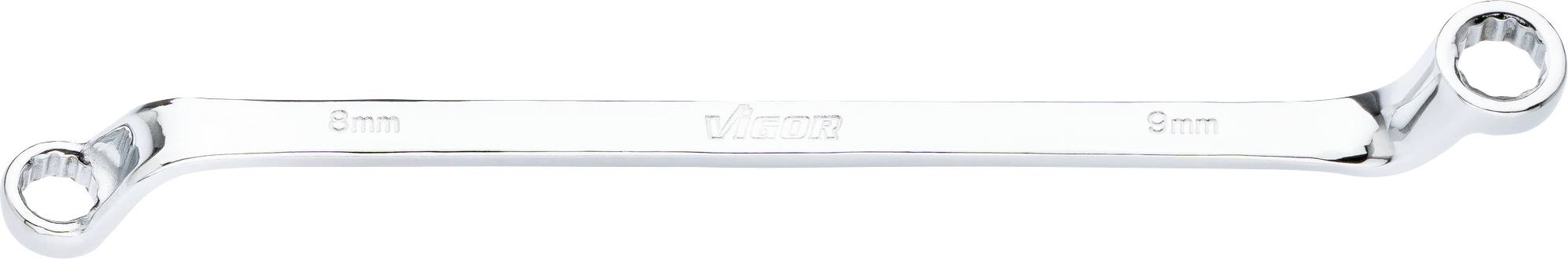 A chrome-plated ring spanner with a size of 8 mm on both ends.