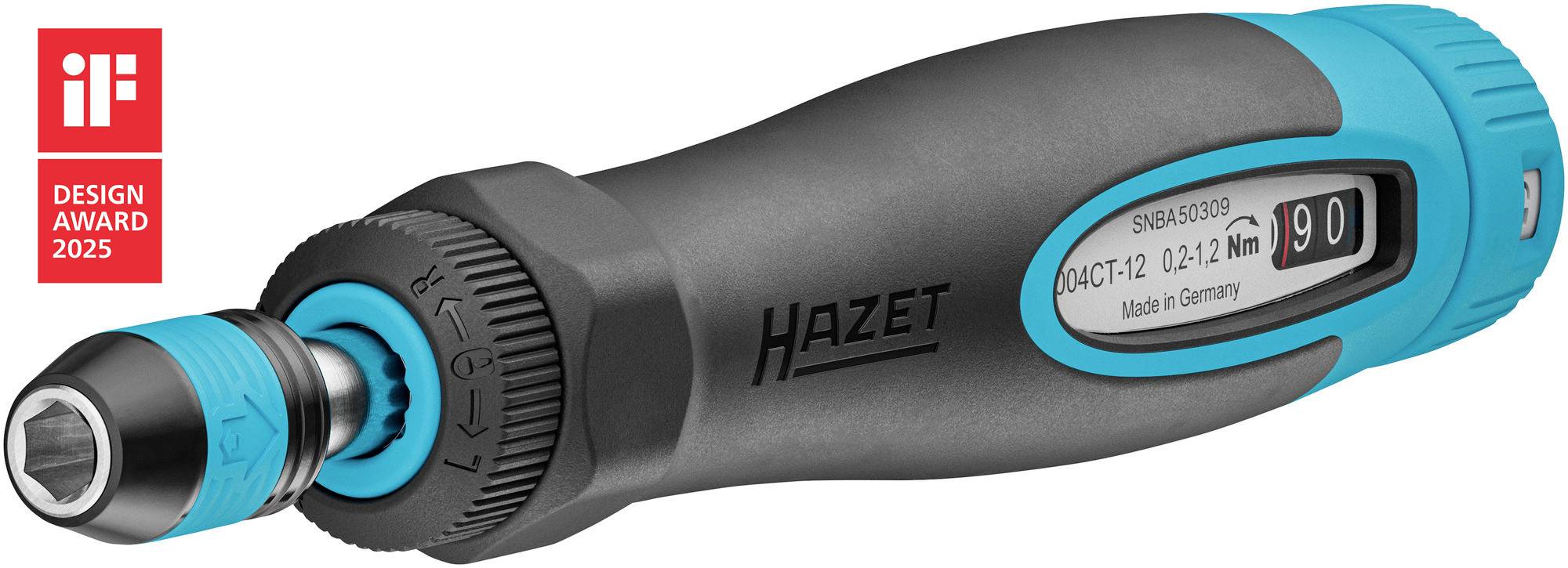 Torque wrench with blue-black handle. Indication from 2-12 Nm. 'Made in Germany'. Winner of the iF Design Award 2025.