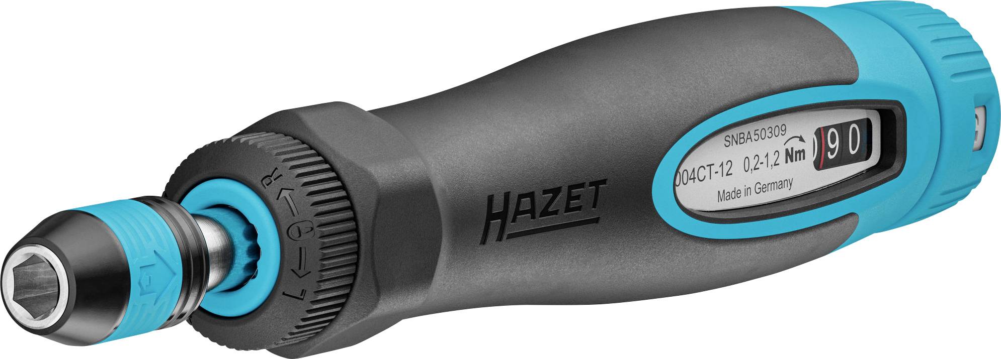A torque wrench in black and blue with a digital display, showing '90 Nm'. Manufactured in Germany.