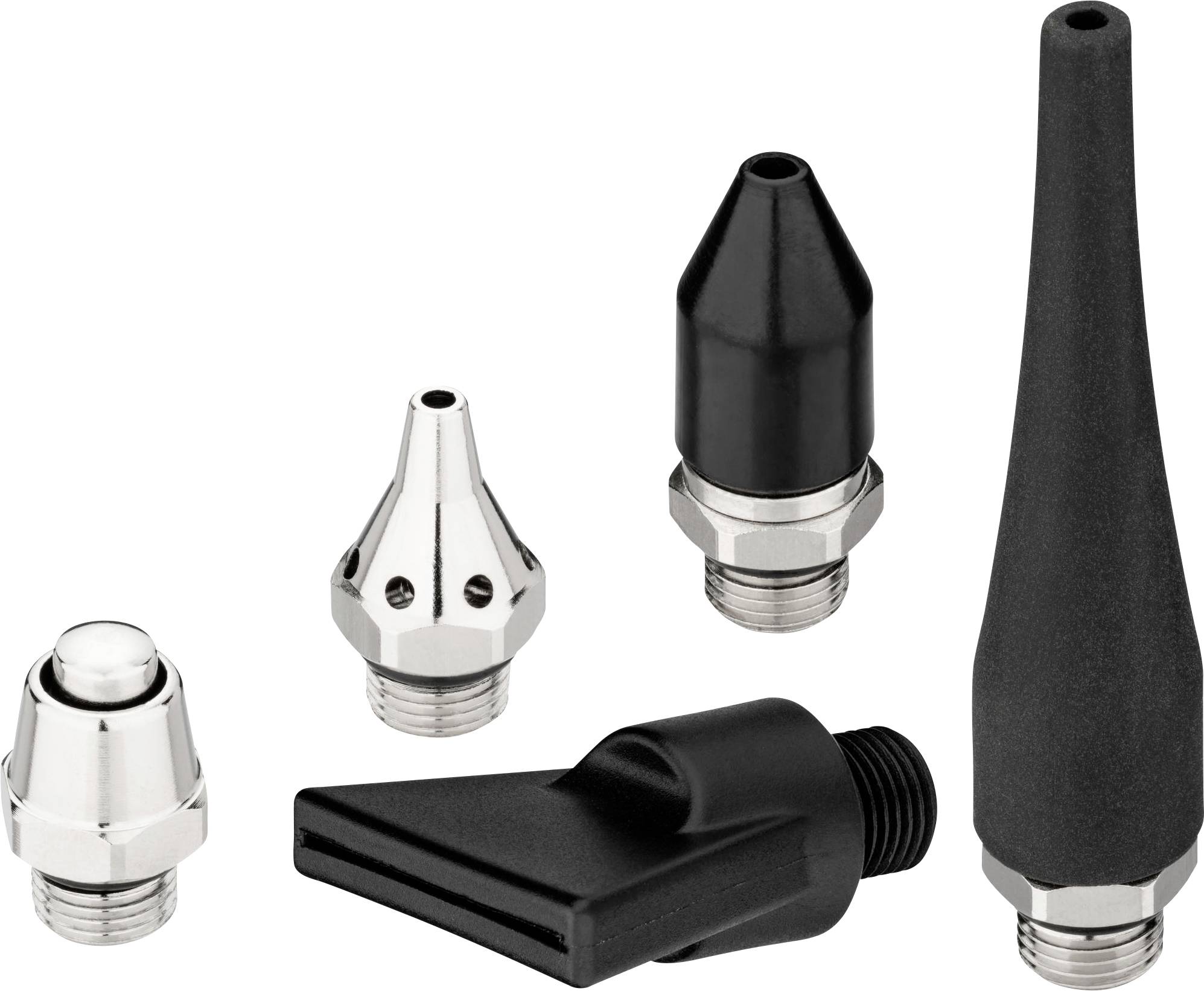 Five different metal and plastic nozzle attachments in various shapes and sizes, presumably for pneumatic tools.