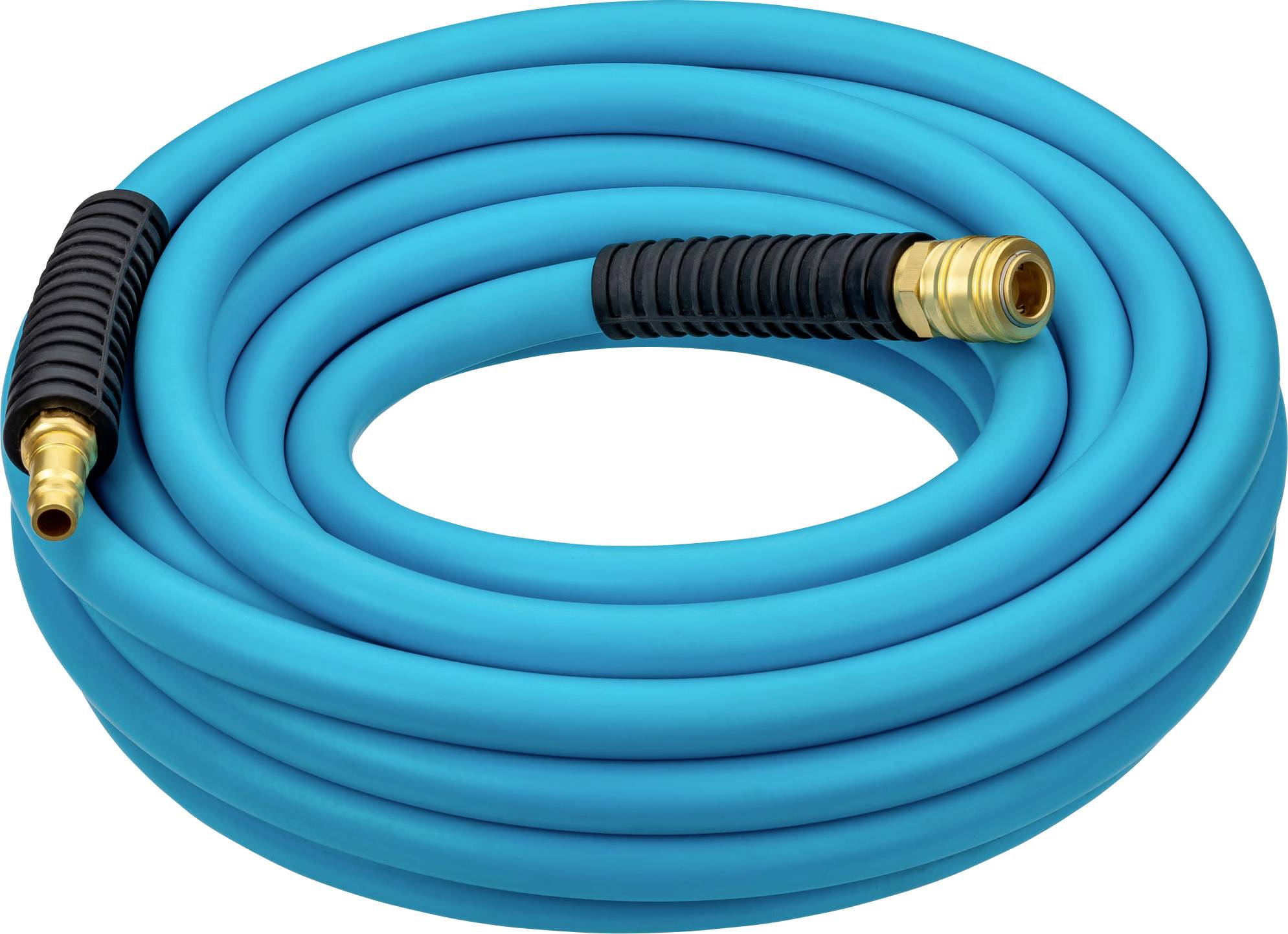 Blue water hose with black and gold connectors, coiled up.