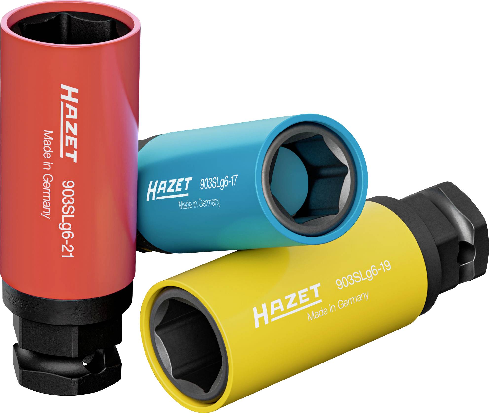 Three socket extensions in red, blue and yellow with the inscription 'HAZET', each with different measurement units.