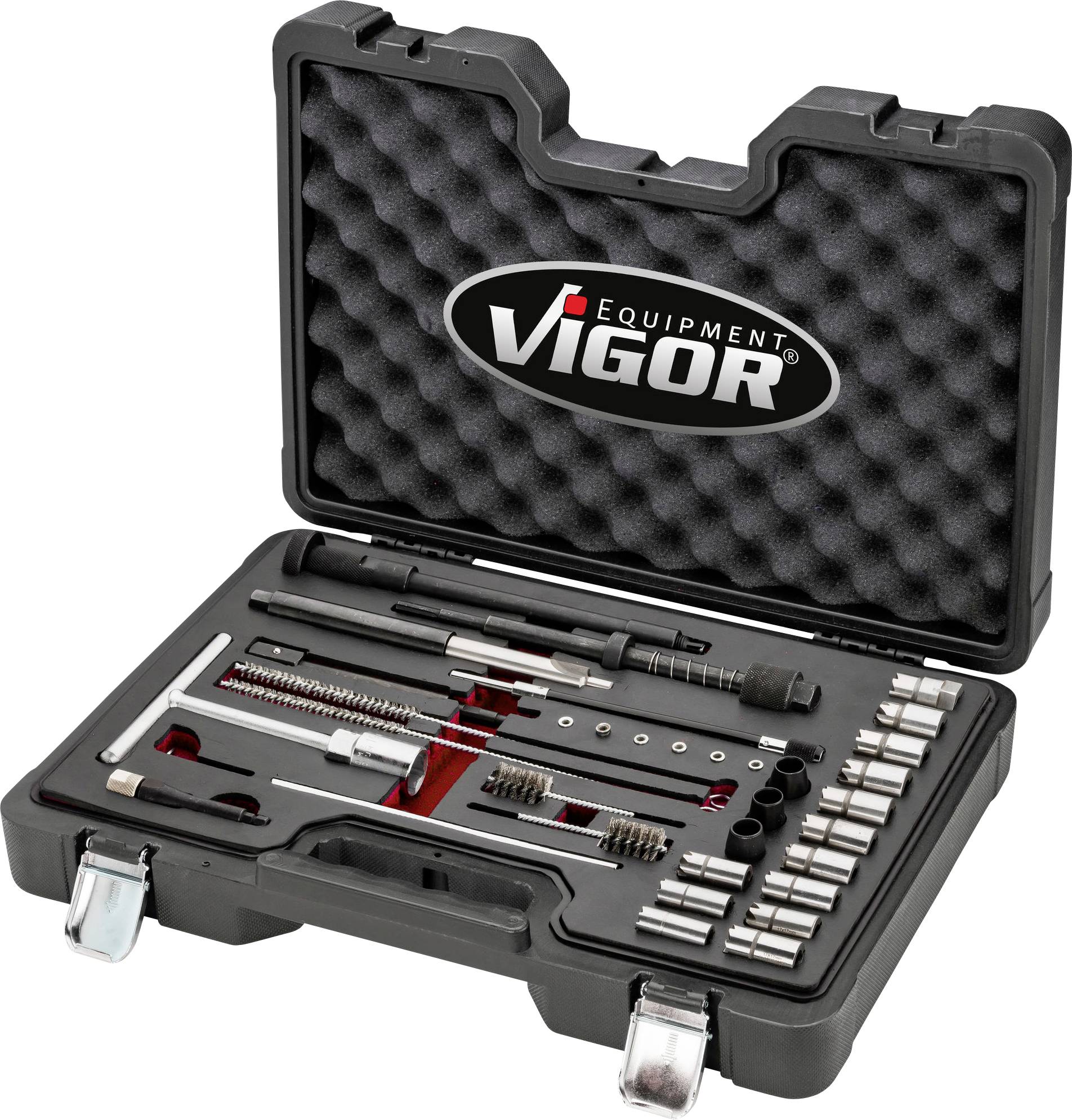 An open toolbox with various tools and accessories. The 'Vigor Equipment' logo is visible on the lid.