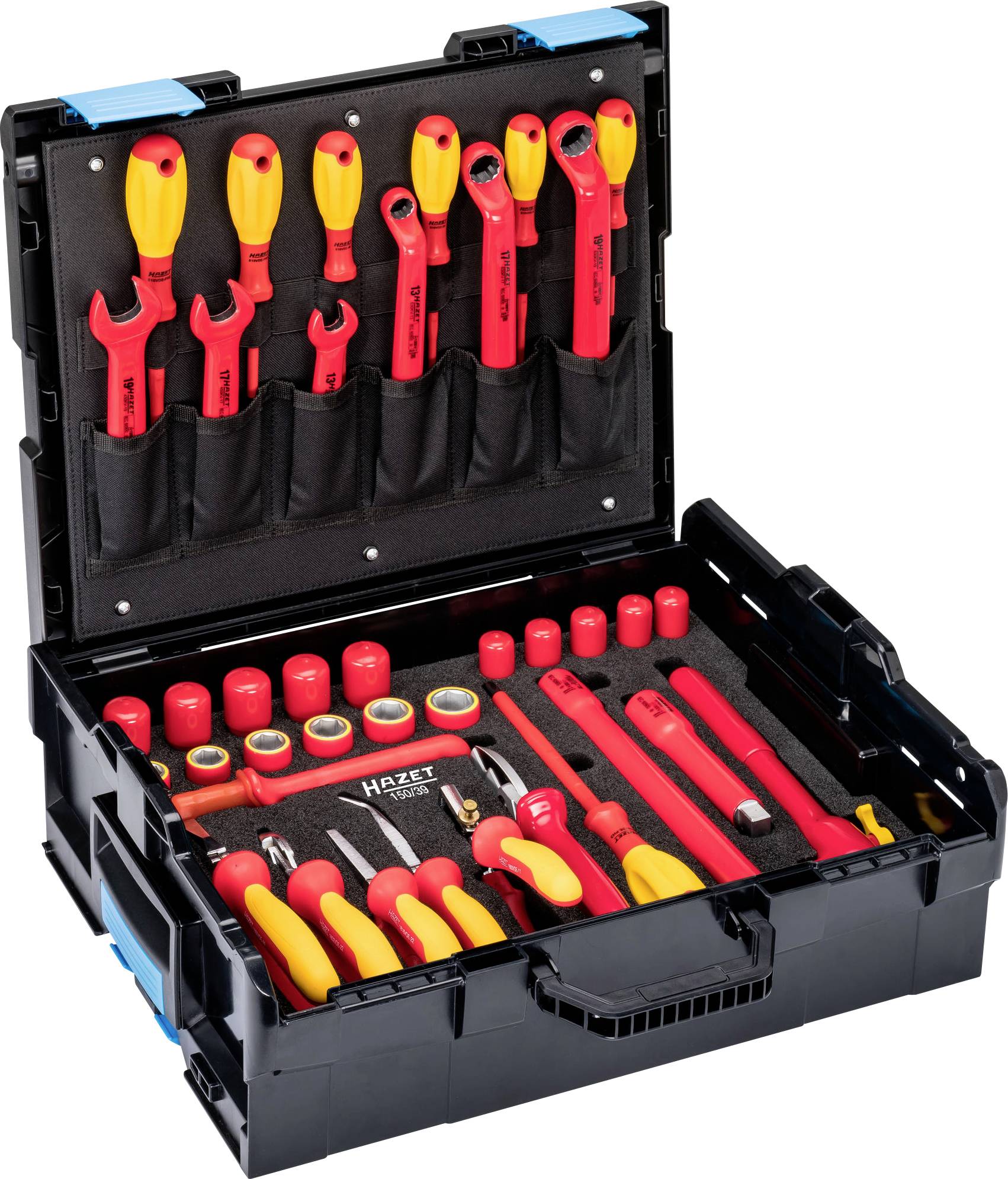 An open toolbox with a selection of screwdrivers, pliers and socket wrenches, all in red with yellow handles.