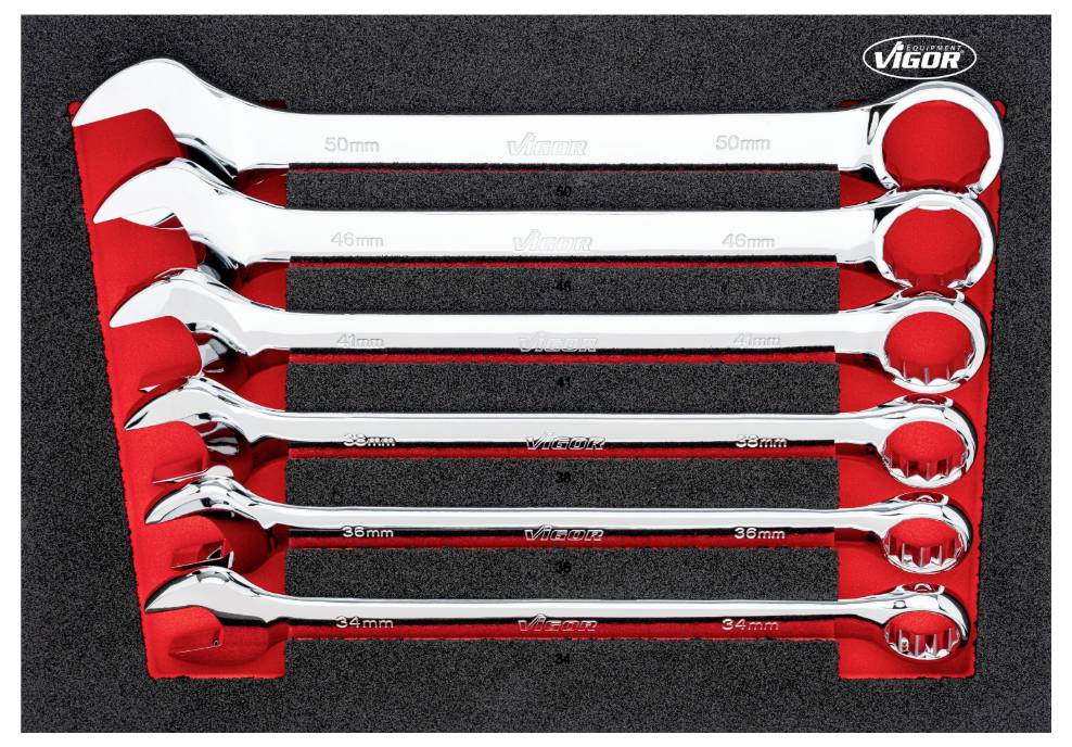 Set of seven chrome-plated spanners in various sizes (34mm to 60mm) in a red holder, against a black background.