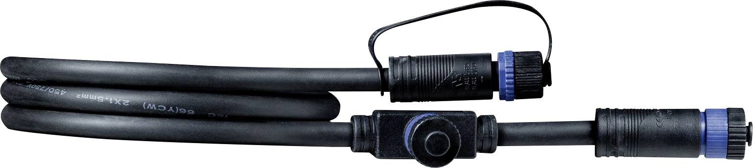 A black cable with blue connectors, suitable for use in industrial or technical applications.