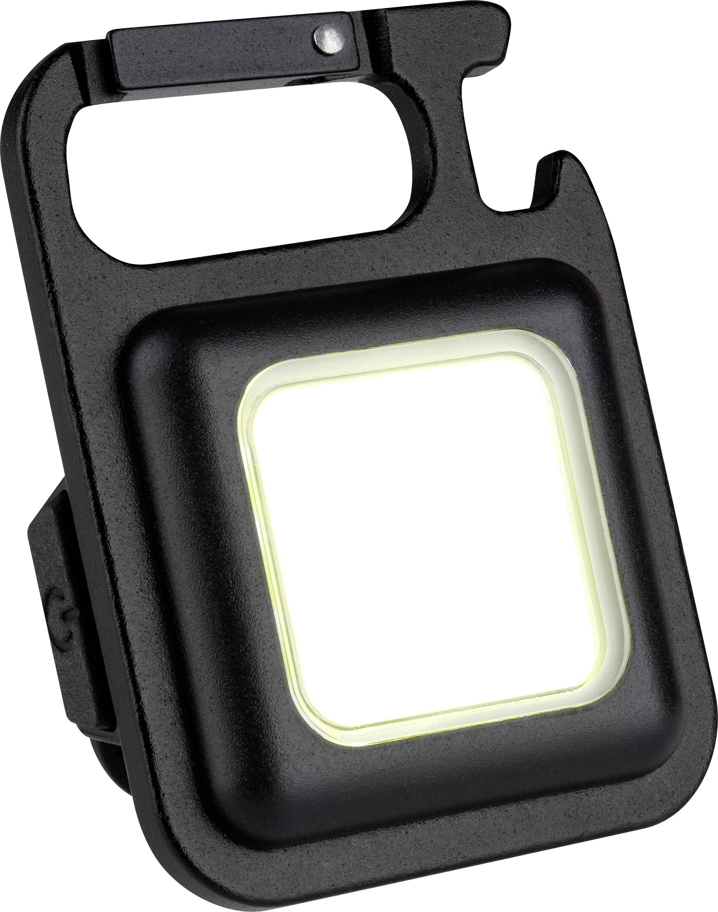 Black LED bottle opener with a square light in the centre and bottle holder at the top. Perfect for camping or parties.