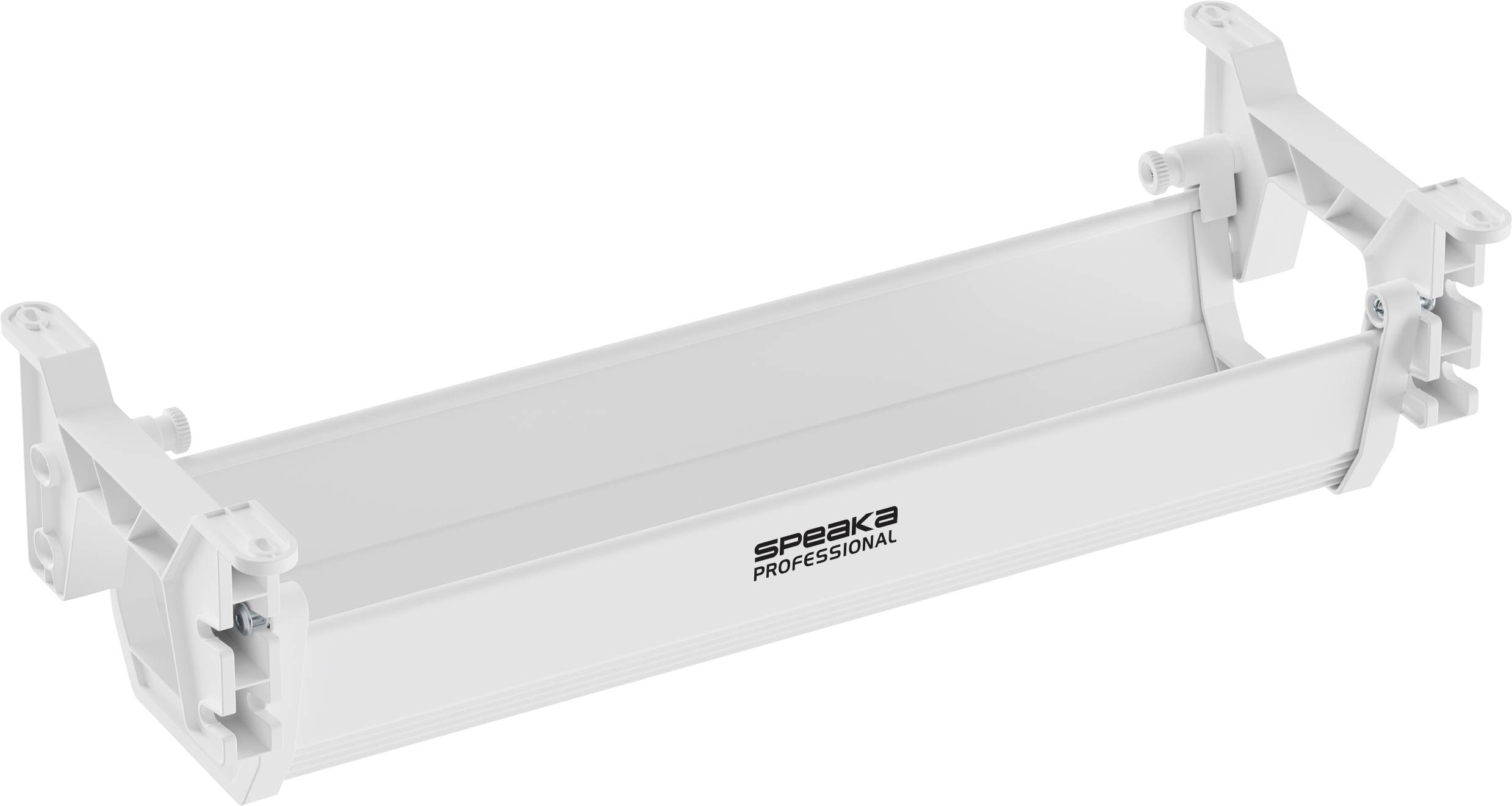 White, rectangular plastic mounting bracket labelled 'Speaka Professional'. It features adjustable mounting arms.