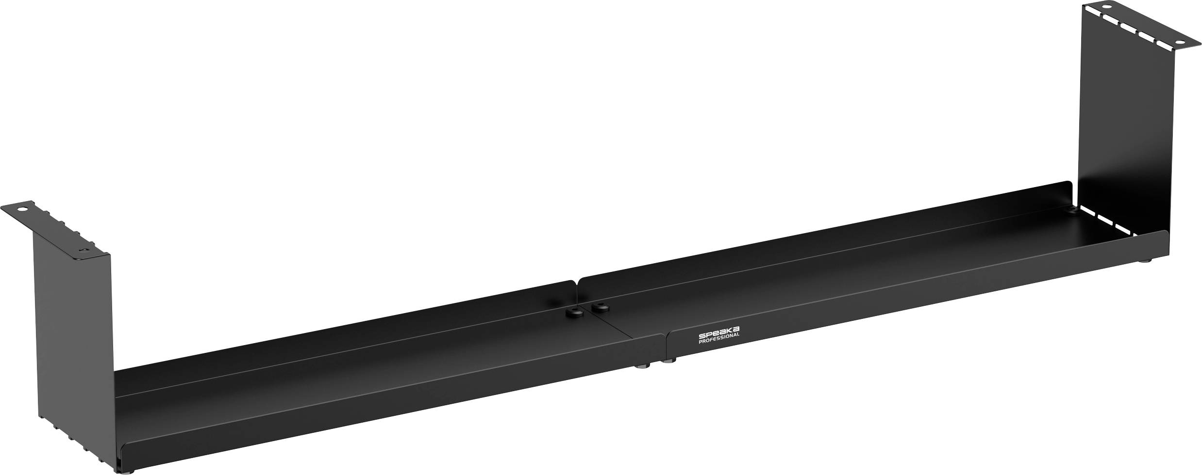 A horizontal black metal bracket with side supports, suitable for mounting underneath a surface.