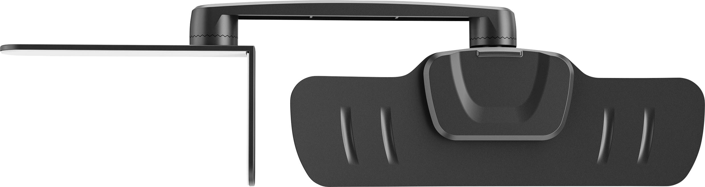 A black monitor clip with a mount and adjustable arm, suitable for attaching to screens for lighting or camera purposes.